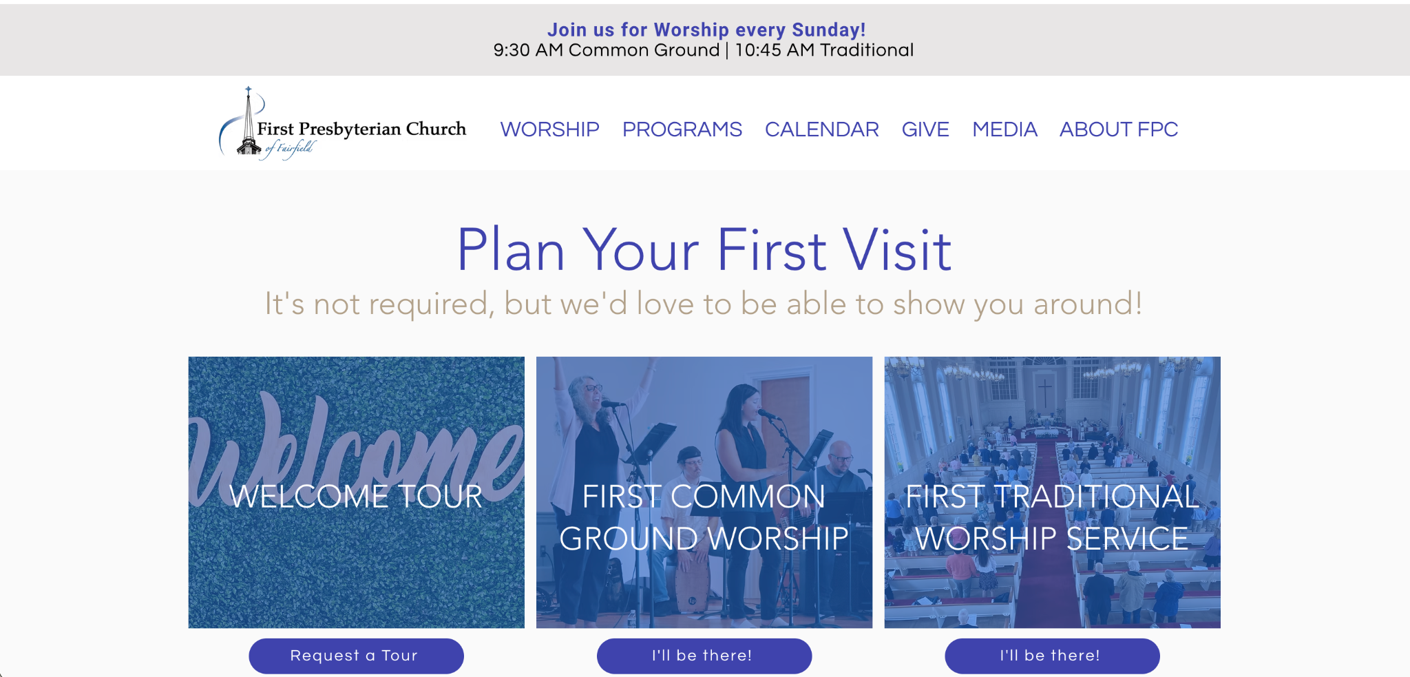 Plan Your First Visit section on the FPC homepage